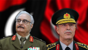 وزير الدفاع التركي خلوصي أكار (يمين) وقائد قوات الجيش الوطني في ليبيا المشير خليفة حفتر (تعديل عنب بلدي)