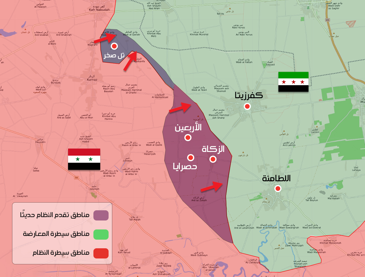 خريطة السيطرة الميدانية بين فصائل المعارضة وقوات النظام السوري في ريف حماة الشمالي 8 آب 2019 (عنب بلدي)