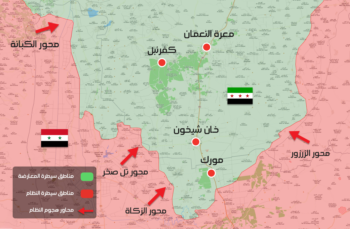 خريطة تظهر المواقع التي يحاول النظام التقدم منها في ريف حماة الشمالي وإدلب الجنوبي الشرقي (عنب بلدي/ livemap)