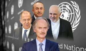 وزراء خارجية روسيا وتركيا وإيران والمبعوث الأممي إلى سوريا (تعديل عنب بلدي)
