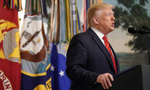 الرئيس الأمريكي دونالد ترامب في مؤتمر صحفي يعلن فيه مقتل أبو بكر البغدادي- الأحد 27 من تشرين الثاني 2019 (رويترز)
