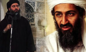 زعيم تنظيم القاعدة أسامة بن لادن وزعيم تنظيم الدولة الإسلامية أبو بكري البغدادي (تعديل عنب بلدي)