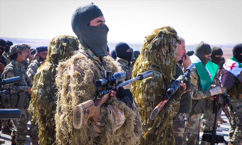 عناصر من الجيش الوطني في معسكر تدريبي في ريف حلب (المسؤول الإعلامي لتجمع أحرار الشرقية الحارث رباح)