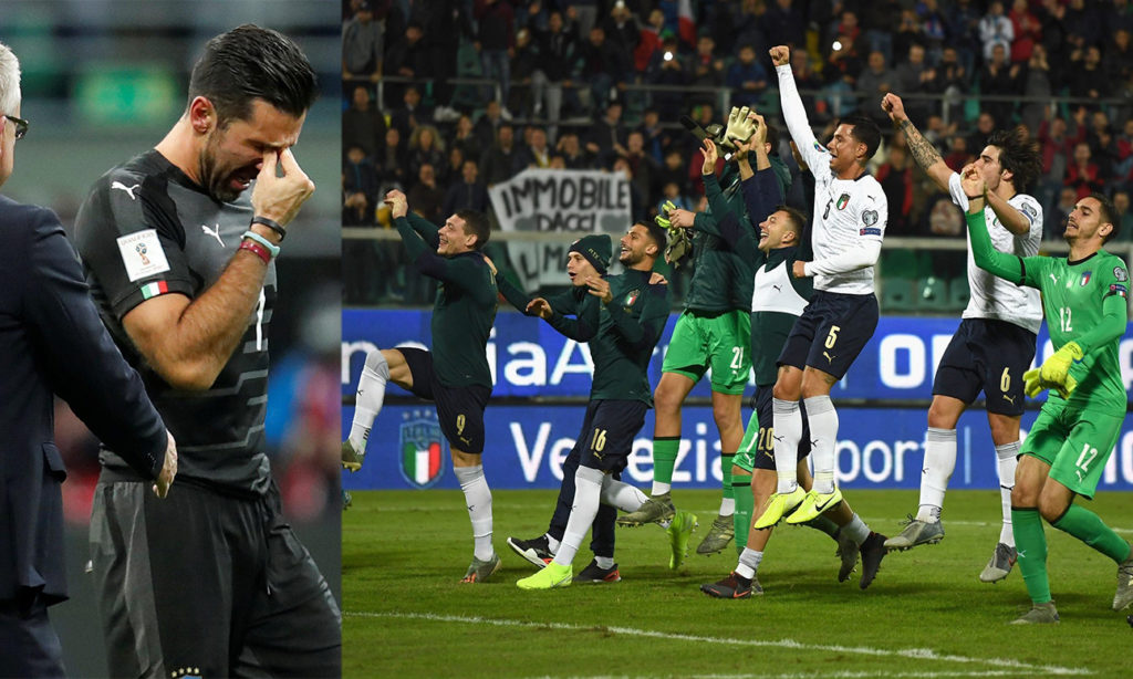 على اليمين صورة احتفال المنتخب الإيطالي بعد التأهل إلى نهائي "يورو 2020" وعلى اليسار صورة بوفون باكيًا بعد الفشل بالتأهل إلى كأس العالم 2018 (تعجيل عنب بلدي)