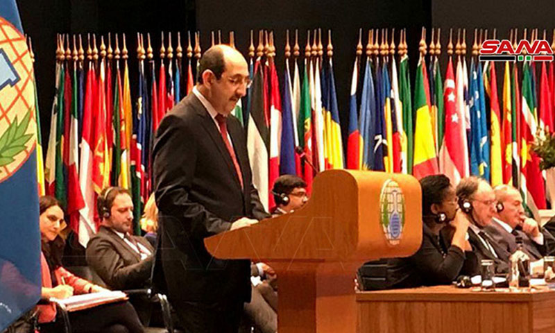 بسام صباغ خلال إلقاء كلمته أمام المؤتمر الدولي لحظر الأسلحة الكيميائية -26 تشرين الثاني 2019- (سانا)