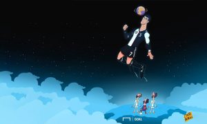 كاريكتور لكريستيانو رونالدو هو يسجل كرة رأسية في شباك نادي سامبدوريا الإيطالي (عمر مومني فيس بوك)

