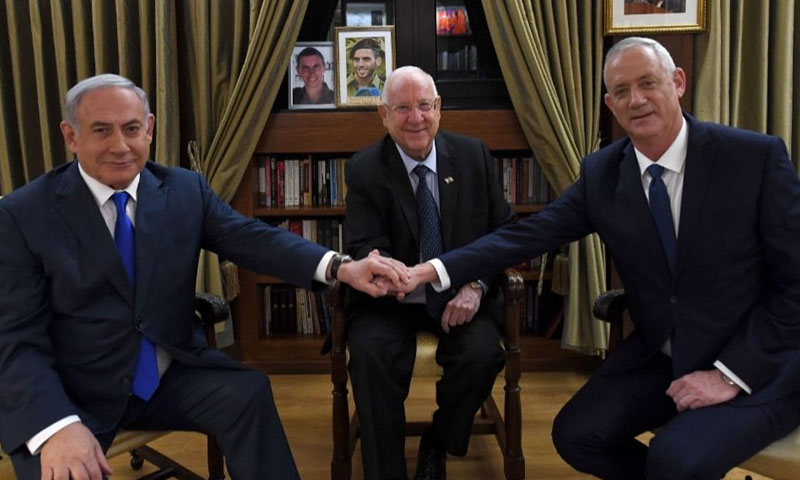 نتينياهو وغانتز مع الرئيس الإسرائيلي رويفين ريفين 23 أيلول 2019 (مكتب الحكومة الإسرائيلية)
