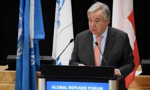 الأمين العام للأمم المتحدة أنطونيو غوتيريش في المؤتمر العالمي الأول للاجئين في جنيف - 17 كانون الأول 2019 (VOA)
