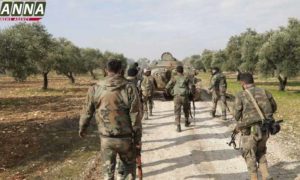 عناصر من قوات النظام السوري على أطراف معرة النعمان- 28 من كانون الثاني 2020 (ANNA)