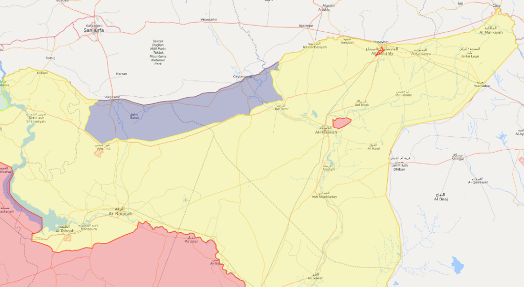 خريطة تظهر توزع السيطرة في منطقة معدان في ريف الرقة الجنوبي - 6 كانون الثاني (Livemap)