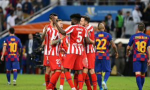 فرحة لاعبي أتلتيكو بهدف الفوز على برشلونة في نصف نهائي كأس السوبر الإسباني 2020 (flip board)
