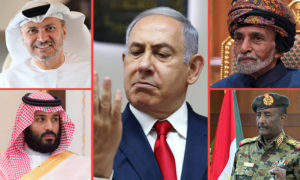 السلطان قابوس- عبد الفتاح برهان- محمد بن سلمان- أنور قرقاش- بنيامين نتنياهو (تعديل عنب بلدي)