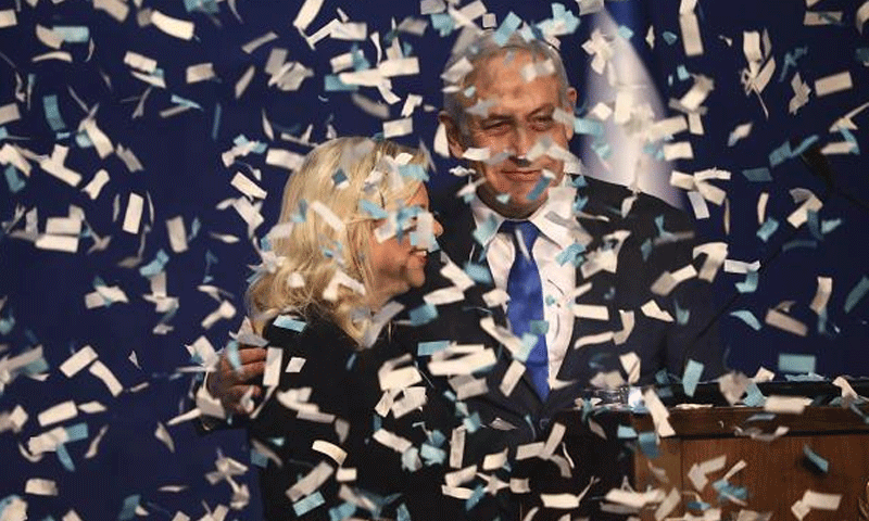 رئيس وزراء إسرائيل وحزب "ليكود" اليميني، بنيامين نتنياهو، بعد فوزه في الإنتخبات البرلمانية الإسرائيلية (الكنيست)- 2 من آذار (AFP)