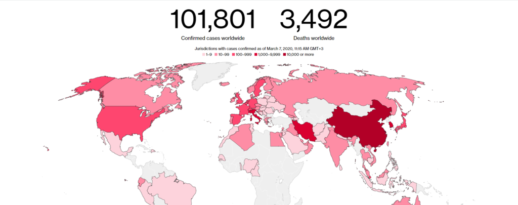 خريطة إنتشار فيروس "كورونا المستجد" في العالم-7 من آذار (بلومبيرغ)