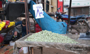 صورة لعربة لوز أخضر في سوق مدينة إدلب- 7 من نيسان (عنب بلدي)