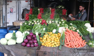 بائع يرش الماء على الخضروات في سوق مدينة إدلب- 7 من نيسان (عنب بلدي)