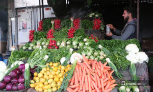 بائع يرش الماء على الخضروات في سوق مدينة إدلب- 7 من نيسان (عنب بلدي)