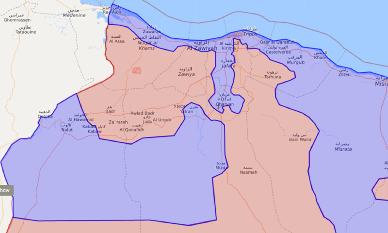 خريطة السيطرة في شمال غربي ليبيا - 30 نيسان 2020 (اللون الأزرق تحت سيطر الوفاق، والأحمر تحت سيطرة قوات حفتر - livemap)