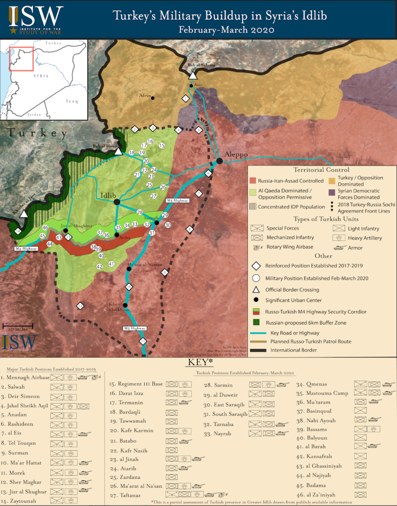 رسم بياني يظهر توزع القوات التركية في إدلب شمالي سوريا (معهد دراسات الحرب)