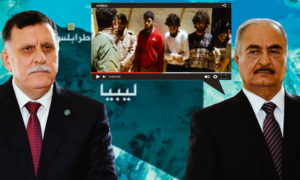 رئيس حكومة "الوفاق" الليبية فايز السراج والمشير خليفة حفتر وأسرى سوريون بيد قوات حفتر (تعديل عنب بلدي )
