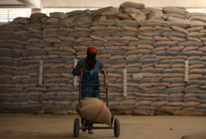 A woman pushes a cart loaded with a sack of wheat in Qamishli, Syria September 18, 2017. Picture taken September 18, 2017. REUTERS/Rodi Said  TO MATCH INSIGHT MIDEAST-CRISIS/SYRIA-WHEAT-ISLAMIC STATE