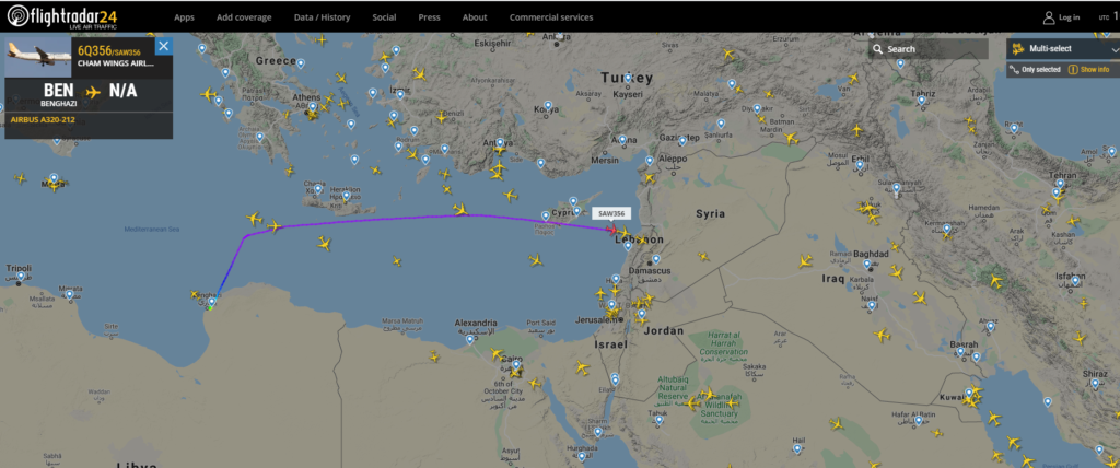 رحلة أجنحة الشام رقم "SAW356" التي انطلقت من مطار بنغازي إلى دمشق اليوم- 20 من أيار (flightradar24)