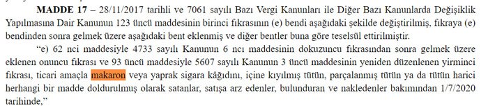 قرار منع بيع سجائر اللف - صحيفة الجمهورية التركية - (2017)