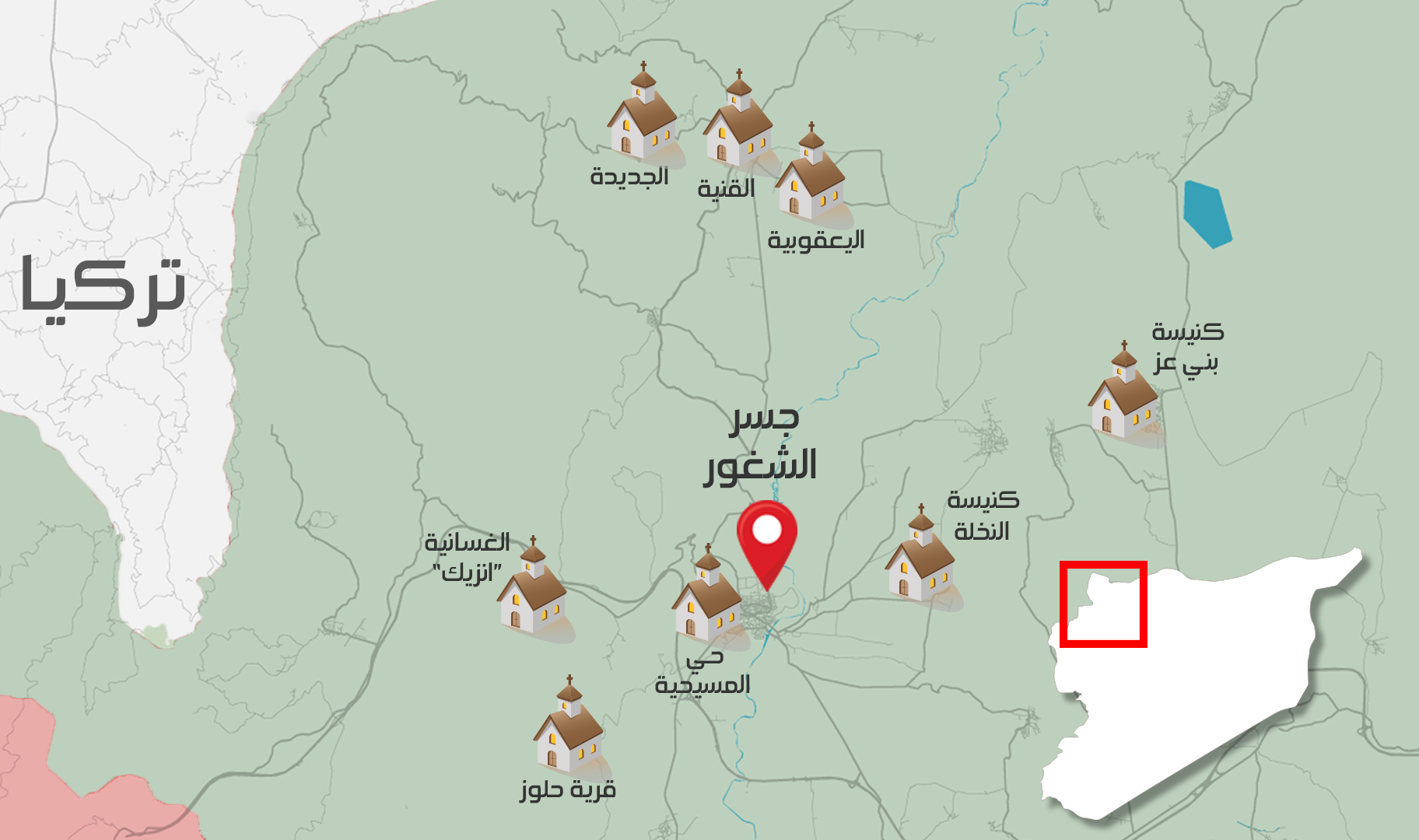 خريطة تظهر توزع المسيحيين السوريين في محافظة إدلب (عنب بلدي)
