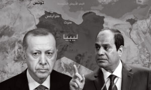 الرئيس التركي رجب طيب أردوغان والرئيس المصري عبدالفتاح السيسي وخريطة ليبيا- (تعديل عنب بلدي)