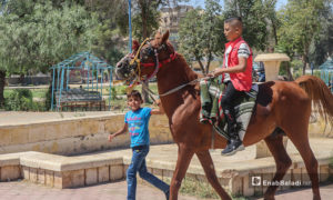 أطفال يركبون على الحصان في أول أيام عيد الأضحى - 31 تموز 2020 (عنب بلدي / عبد العزيز الصالح )