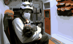 عنصر من الدفاع المدني يحمل طفلة مصابة بالتسمم في ريف إدلب - 2020 (الدفاع المدني السوري)