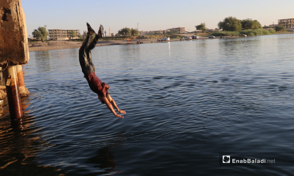 شاب يقفز للسباحة في نهر الفرات في محافظة الرقة - 24 تموز 2020 (عنب بلدي/عبد العزيز صالح)