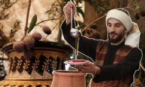 رجل يرتدي ملابس تقليدية سورية ويصب زيت الزيتون- (تعديل عنب بلدي)