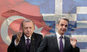 رئيس الوزراء اليوناني كرياكوس ميتسوتاكيس والرئيس التركي رجب طيب أردوغان (تعديل عنب بلدي) 
