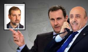 رئيس النظام السوري بشار الأسد، ومدير الأمن الوطني علي مملوك ورامي مخلوف (تعديل عنب بلدي)