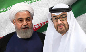 ولي عهد الإمارات محمد بن زايد والرئيس الإيراني حسن روحاني (تعديل عنب بلدي)