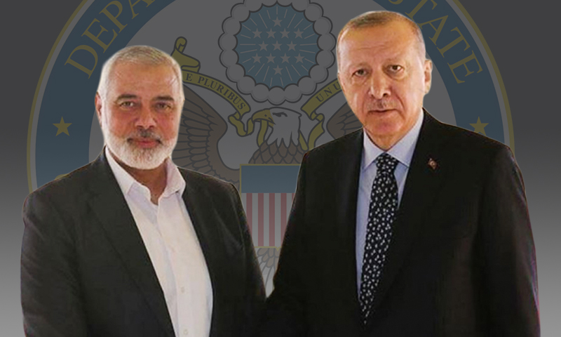 الرئيس التركي رجب طيب أردوغان ورئيس المكتب السياسي لحركة "حماس" (تعديل عنب بلدي)