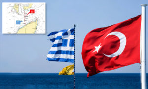 العلمان التركي واليوناني وخريطة توضح موقع إطلاق البحرية اليونانية النار على القارب التركي (خفر السواحل التركي)