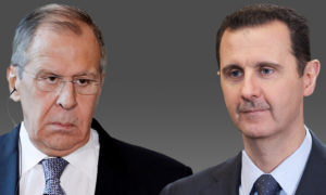 رئيس النظام السوري بشار الأسد ووزير الخارجية الروسي سيرغي الفروف (تعديل عنب بلدي)