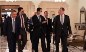 بشار الأسد ووزير الخارجية الروسي سرغي لافروف ونائب رئيس الوزراء الروسي يوري بوريسوف 7 من أيلول 2020 (رئاسة الجمهورية)
