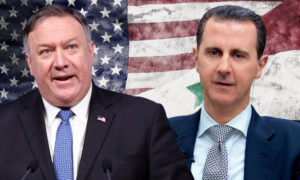 وزير الخارجية الأمريكي مارك بومبيو ورئيس النظام السوري بشار الأسد (تعديل عنب بلدي)