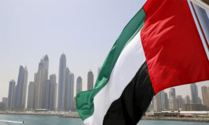 علم الإمارات العربية المتحدة وخلفه ساحل إمارة دبي (رويترز)