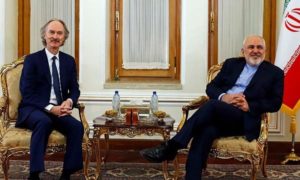 وزير الخارجية الإيراني محمد جواد ظريف، والمبعوث الدولي إل سوريا غير بيدرسون، 21 من تشرين الثاني، (وكالة تسنيم)
