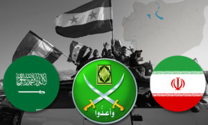 شعار الإخوان المسلمون وعلمي السعودية وإيران (تعديل عنب بلدي)