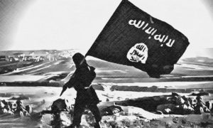 صورة تعبيرية لمقاتل يرفع راية تنظيم الدولة (تعديل عنب بلدي)