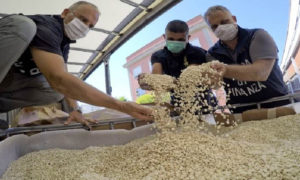 عناصر من الشرطة الإيطالية تعاين كمية من المخدرات مصدرها سوريا (AFP)