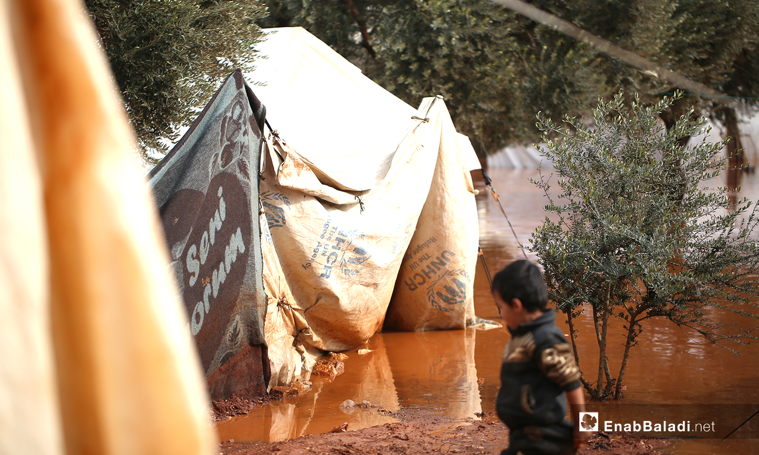 خيام غارقة بمياه الأمطار في مخيم حربنوش بريف إدلب - 19 كانون الثاني 2021 (عنب بلدي - يوسف غريبي)