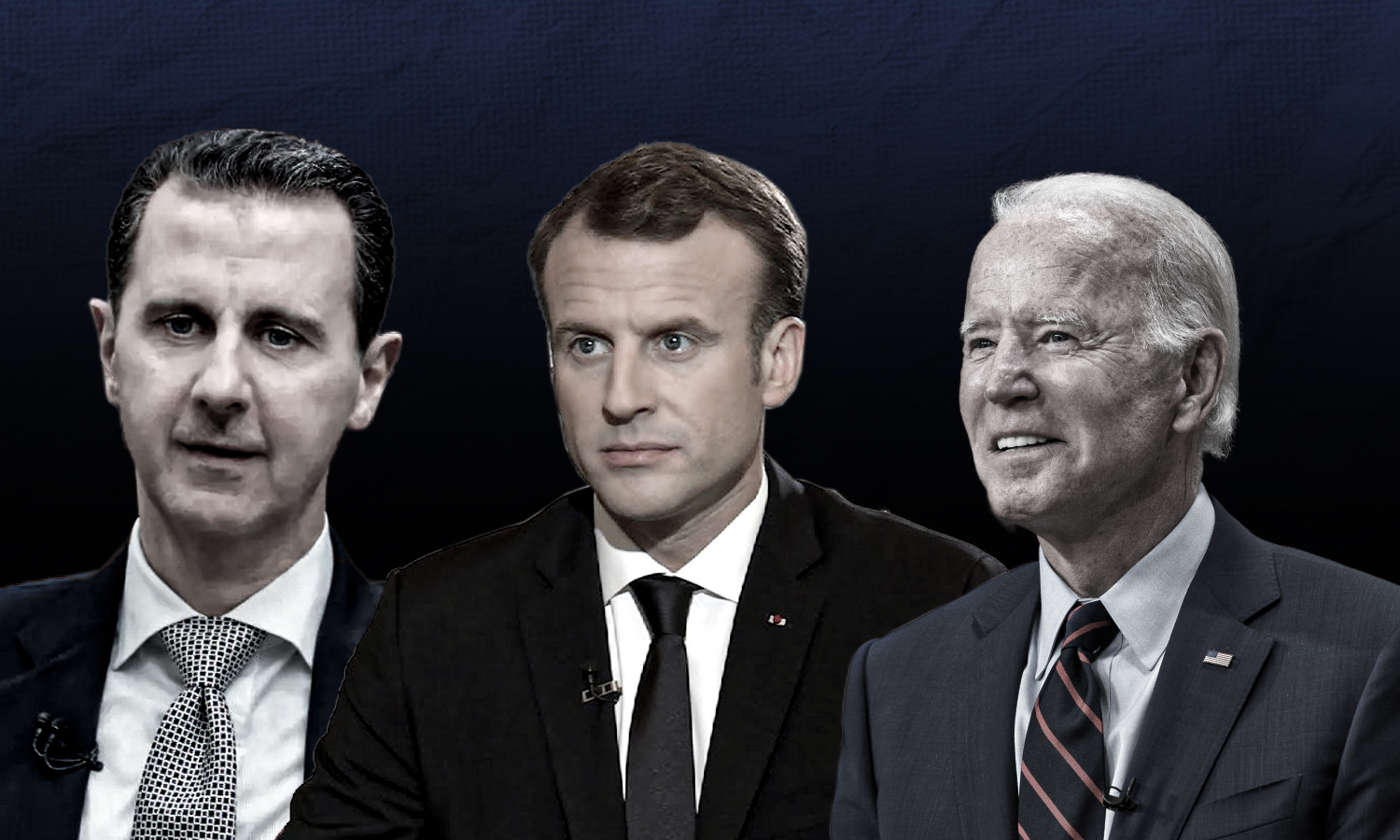 الرئيس الأمريكي، جو بايدن، الئسيس الفرنسي، إيمانويل ماكرون، رئيس النظام السوري، بشار الأسد. 11 من شباط (تعديل_ عنب بلدي)