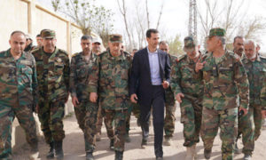رئيس النظام السوري خلال زيارة قواته في ريف دمشق - 18 من آذار 2018 (سانا)