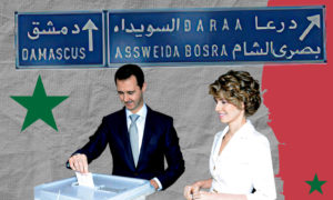 رئيس النظام السوري بشار الأسد وزوجته أسماء الأخرس (تعديل عنب بلدي)